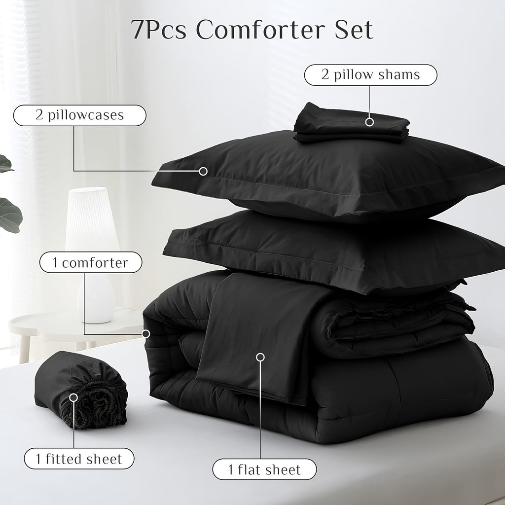 7pcs Comforter Set - Black Bed in A Bag Ultra-Soft - Goose Down Alternative - Premium 1800 Series with Comforter, Sheets, Shams And Pillowcases