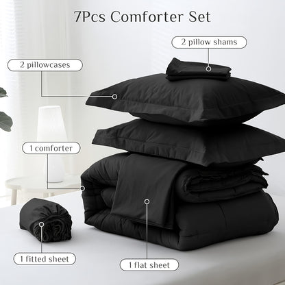 7-Piece Black Comforter Set Bed in a Bag – Ultra-Soft Goose Down Alternative, Premium 1800 Series with Comforter, Flat Sheet, Fitted Sheet, Shams & Pillowcases for All Seasons