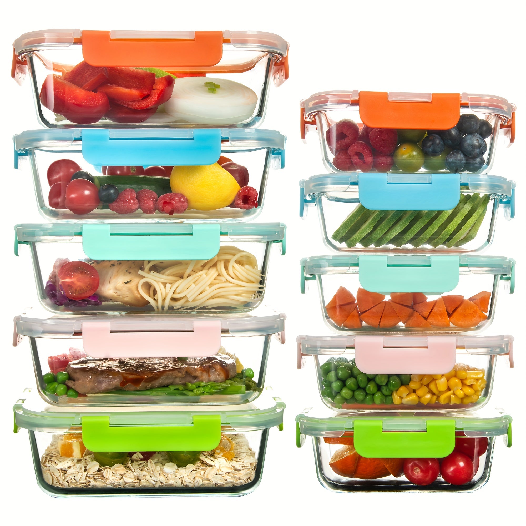 10/12 Pack (10/12containers+10/12lids) High Borosilicate Glass Food Storage Containers Set, Glass Food Meal Prep Containers With Leakproof Airtight Lids, Perfect For Lunch, On The Go, Leftover, Kitchen Pantry Organizers And Storage