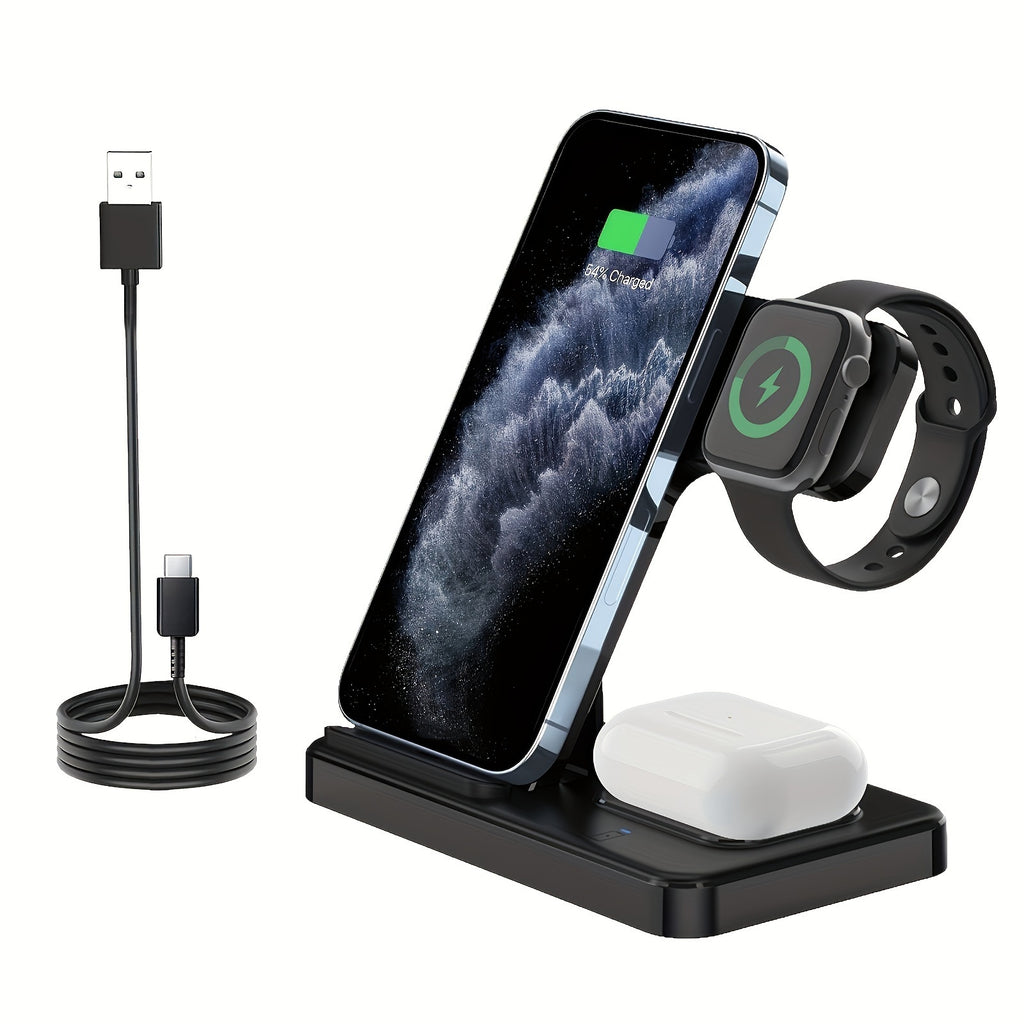 3 in 1 Wireless Charging Station, Fast Charger Stand Compatible For iPhone17/16/15/14/13/12 Series, For iWatch 10/9/8/7/SE & For AirPods 4/3/2/Pro, Anti-Slip Fast Charging Dock, Space-Saving All-in-One Charging Station, Ideal for Bedroom, Office & Travel,