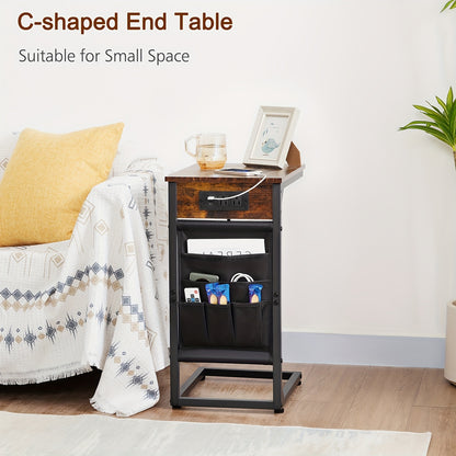 C-Shaped End Table Sofa Side Table with Metal Frame – Small Snack Table for Living Room Bedroom Bedside, Optional Charging Station, Set of 1 or 2