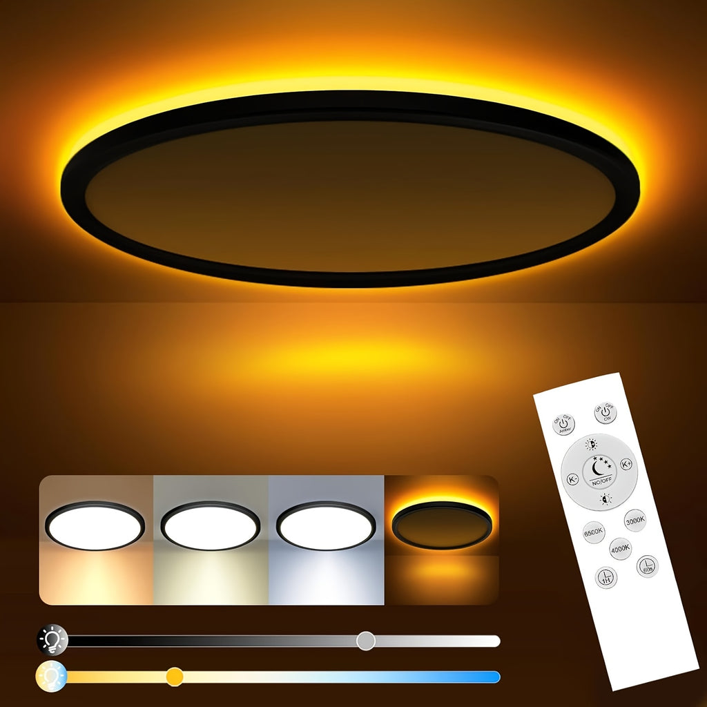 12In LED Flush Mount Ceiling Light Fixture with Remote Control, Nightlight 1800K Warm, 3000K-6500K Adjustable, Low Profile Ceiling Lights for Bedroom, Kitchen, Living Room, Hallway, Black