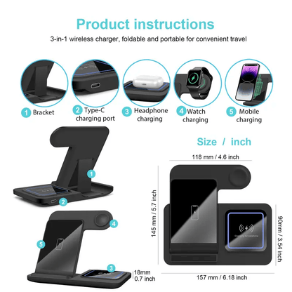 Foldable 3-in-1 Wireless Charging Station Neohost for iPhone 17 16 15 Pro Max 13 12 11 & Apple Watch Series 2-10 Ultra - Compact Fast Wireless Charger, Perfect Father's Day & Mother's Day Gift