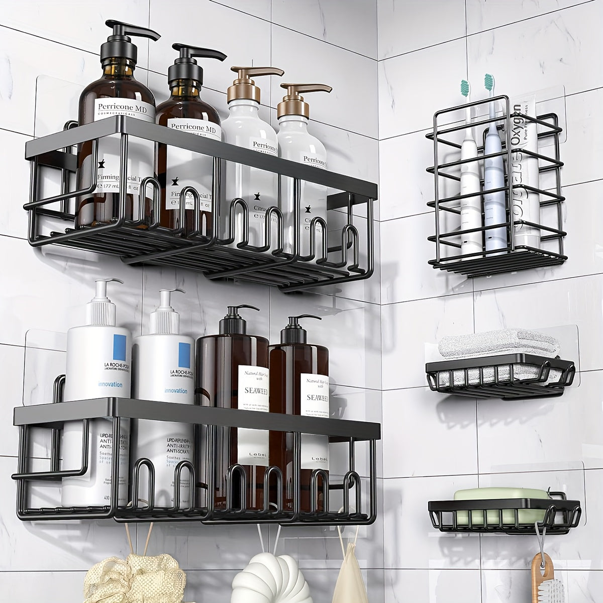 Shower Caddy Organizer, 5-Pack Adhesive Rustproof Stainless Steel Shower Shelves with Soap Holder, No Drilling Shower Storage Rack for Family Renters Bathroom, Random Color Properties to Choose, Shower Caddies
