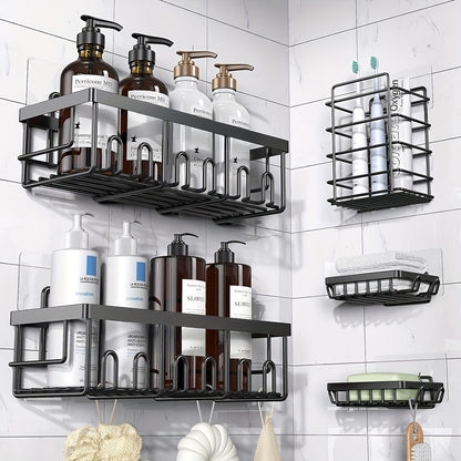 Adhesive Shower Caddy Organizer 5-Pack – No Drilling Rustproof Stainless Steel Shower Shelves with Soap Holder, Wall-Mounted Bathroom Storage Rack for Renters & Families