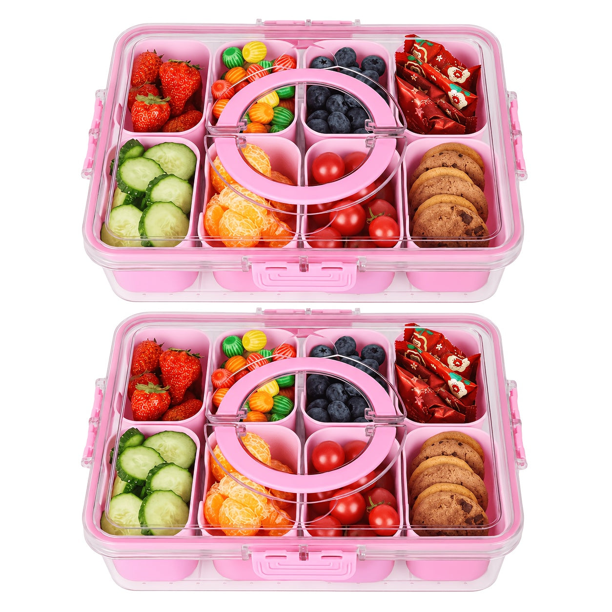 1/2 Pack 8-Compartment Snackle Box with Lid & Handle, Clear Divided Serving Tray and Portable Snack Container for Fruit, Veggies, Cheese,, & Charcuterie, Ideal for Travel, Picnic, Camping & Parties