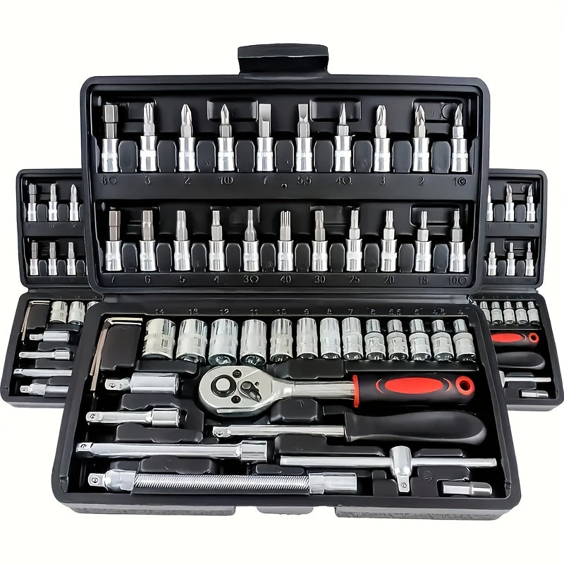 Mechanical Tool Set with Plastic Toolbox – Ratchet Handle, SAE & Metric Sockets, Extension Bar, Universal Joint, Slide Bar & Hex Keys | Manual Automotive Repair Kit | ShopVora CA
