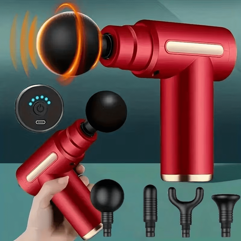 Percussion Massage Gun with LED Display – Deep Tissue Muscle Relaxer, 4 Interchangeable Heads, 1200mAh USB-C Rechargeable, Portable for Back Neck Leg Arm, Black Red