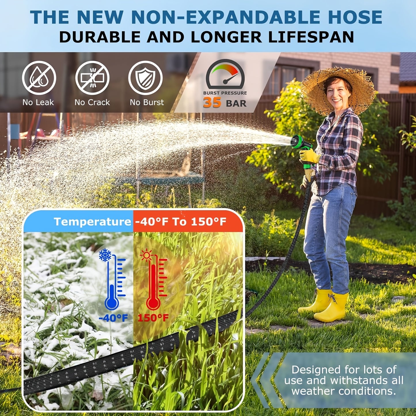 Heavy Duty Garden Hose Anti-Tangle Flexible with 10-Mode Nozzle – 3/4" Solid Brass Fittings Leak-Proof Rotary Connector, 50ft or 100ft Outdoor Watering Hose Set