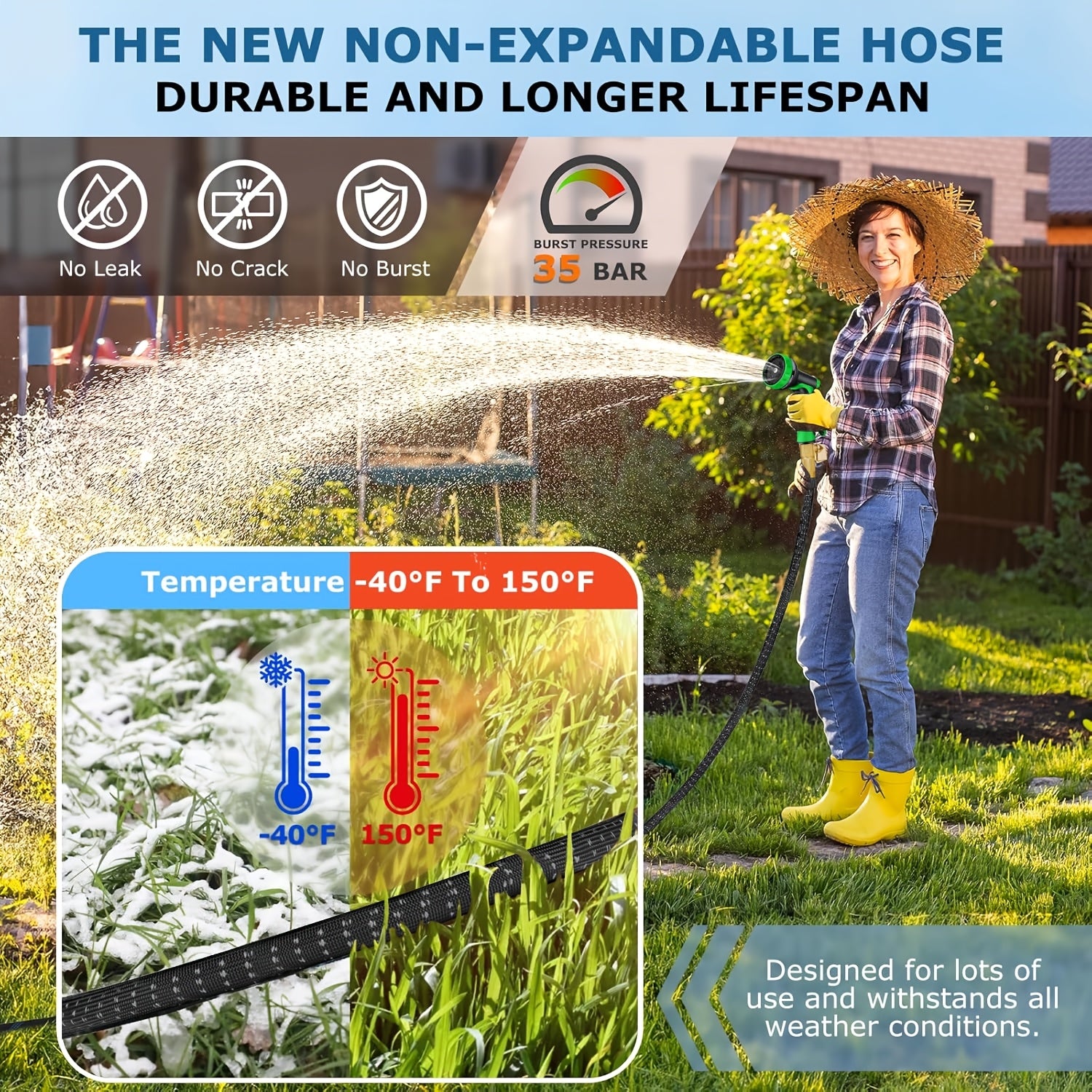 Heavy Duty Garden Hose, Anti-Entanglement Flexible Hose, with 10 Modes Nozzles, 3/4 Inch Solid Brass Fittings, Leak-Proof Design, Rotary Connector, Suitable for Courtyard, Outdoor, Watering, Cleaning, Gardening, Forestry, 50/100 Foot Hose Set