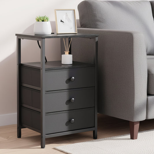 AMHANCIBLE Nightstands 1/2pcs, Modern Night Stand with 3 Fabric Storage Drawers, with Charging Station, Suitable for Living Room And Bedroom, Spring