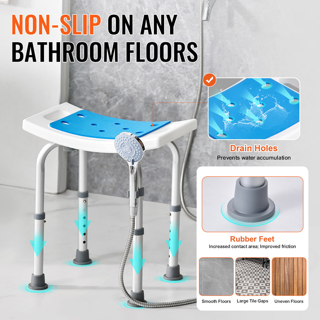 VEVOR Shower Chair, Adjustable Height Shower Stool, Shower Seat for Inside Shower or Tub, Non-Slip Bench Bathtub Stool Seat for Elderly Disabled Handicap, 350 LBS/ 500 LBS Capacity, No handrails/With handrails