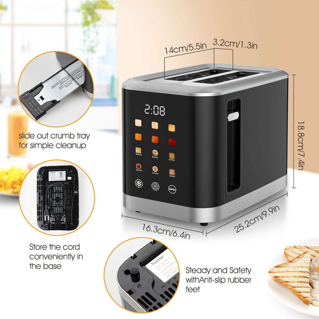 [Smart Touchscreen Toaster] 2-Slice Smart Touchscreen Toaster with LCD Display, 6 Toasting Levels & 6 Shade Settings, Stainless Steel Digital Timer, Bagel Cancel & Defrost Function, 750W-1000W Power, 110-130V US Plug - Black & Gray, Kitchen Appliance