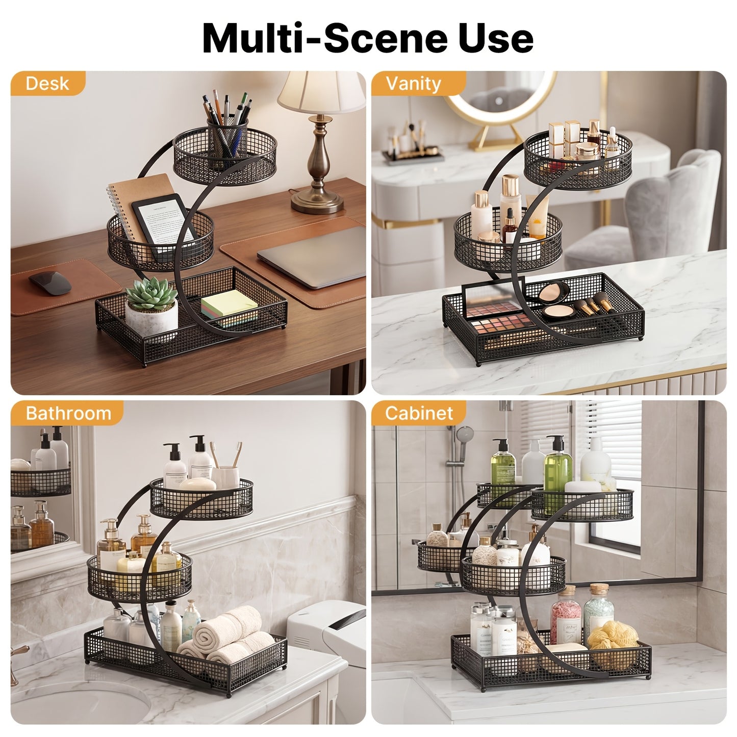 3-Tier Rotating Makeup Organizer for Bathroom & Vanity - No-Assembly Spinning Cosmetic Storage Rack for Skincare, Nail Polish, Lipstick & Perfume - Space-Saving Countertop Shelf