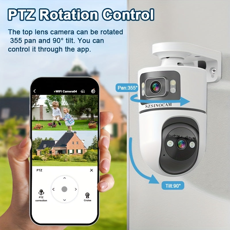 4K PTZ Dual-Lens Outdoor Security Camera with Spotlight Alarm, PIR Motion Detection, Full-Color Night Vision, 2-Way Audio, 360° Pan & Tilt, 24/7 Recording & NVR Compatible — U9 / Built-in Battery