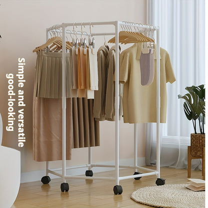 Rotatable Clothing Rack with Wheels – Sturdy 16mm Metal Hexagonal Freestanding Garment Hanger, Portable Vertical Clothes Storage for Bedroom, Laundry Room & Closet, Black or White