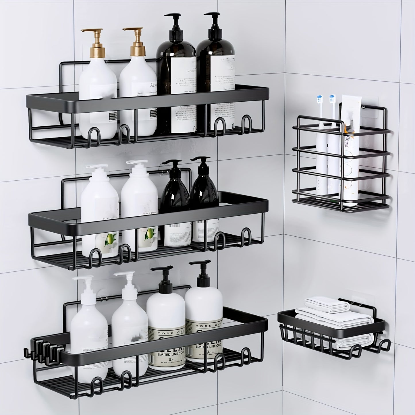 Stainless Steel Shower Caddy 5-Piece Set – Wall Mounted Adhesive Bathroom Organizer with Soap Dish & Toothbrush Holder | No-Drill Shower Shelf Rack for Inside Shower | 9 Colours | ShopVora CA