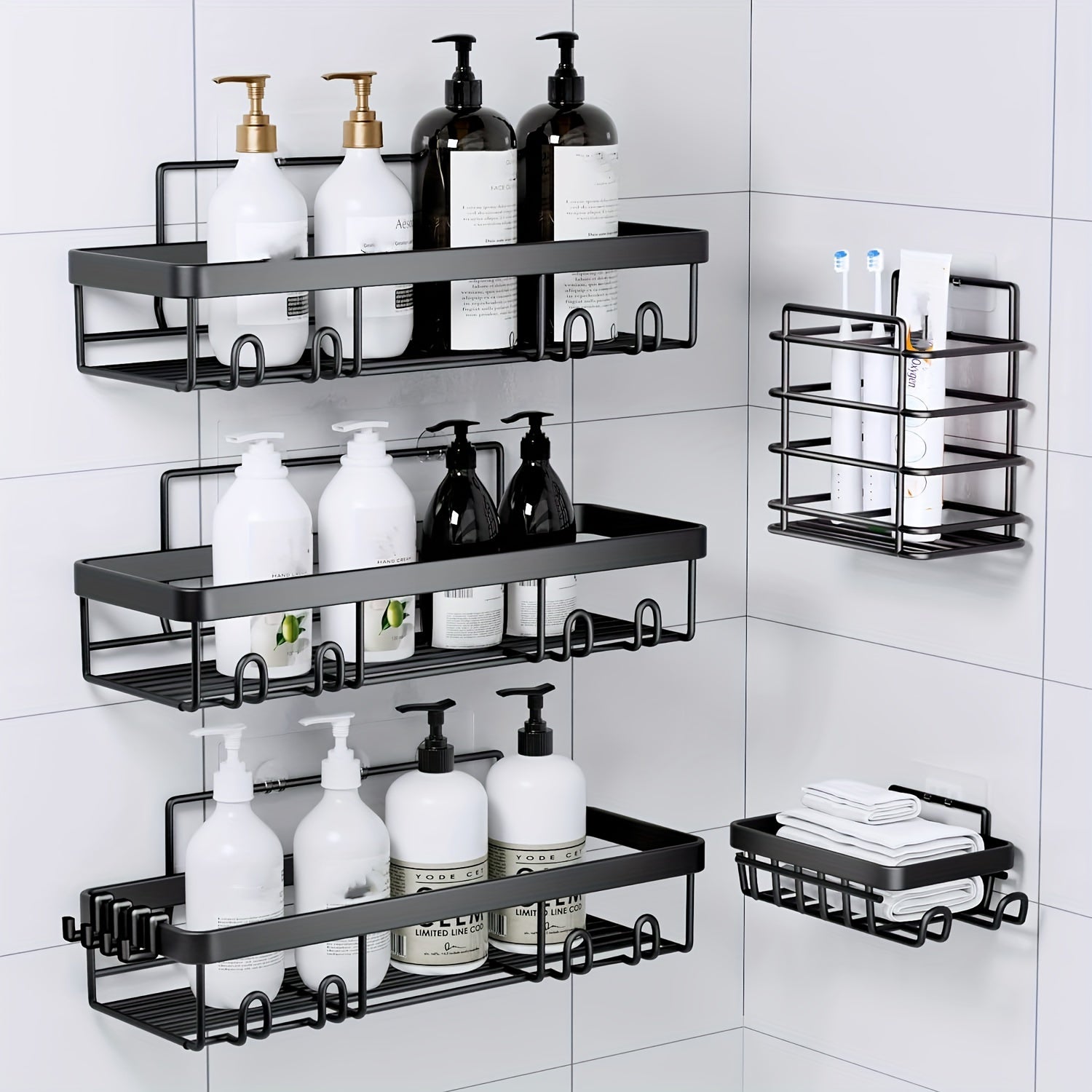 Stainless Steel Shower Caddy 5-Piece Set – Wall Mounted Adhesive Bathroom Organizer with Soap Dish & Toothbrush Holder | No-Drill Shower Shelf Rack for Inside Shower | 9 Colours | ShopVora CA