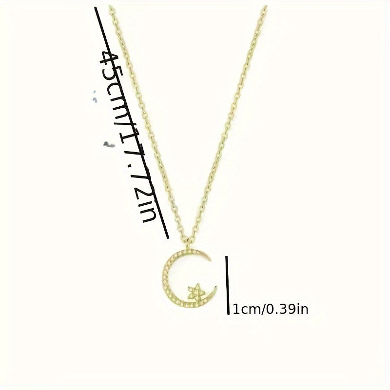 Star Moon Super Sparkling Exquisite Small Zirconia Eid'S Day Pendant Necklace, Easy Elegant Cute Versatile Daily Wear Clavicle Chain Jewelry