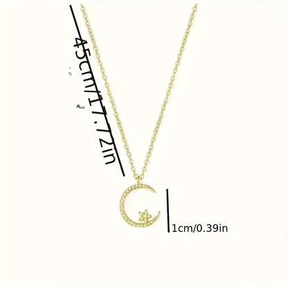 Star Moon Zirconia Pendant Necklace for Women – Sparkling CZ Clavicle Chain, Elegant Dainty Jewellery for Daily Wear, Eid, Birthday & Gift