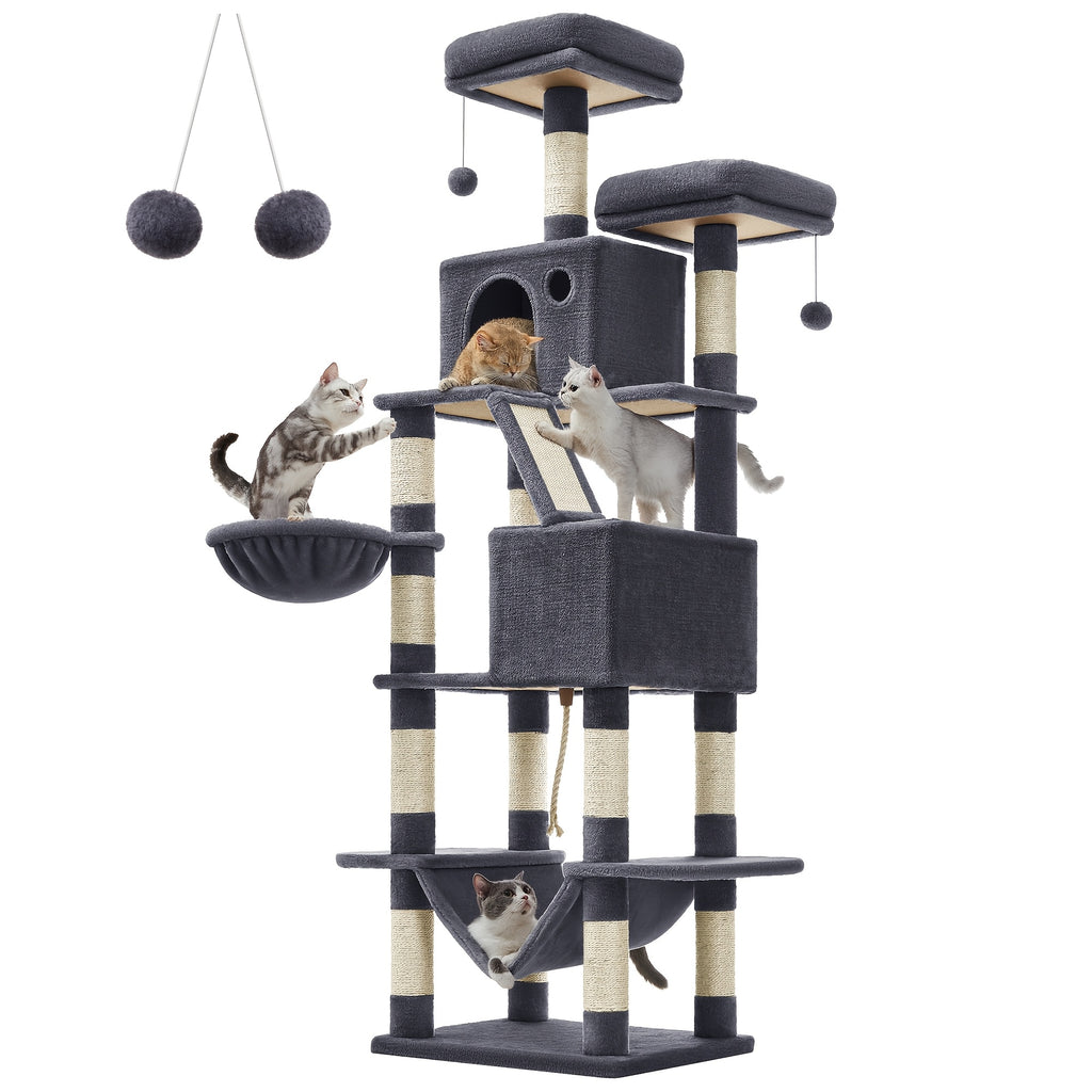Cat Tree 81.1" 5-Level Plush Cat Condo – 13 Scratching Posts, 3 Caves, Hammock, Basket & Pompoms for Multi-Cat Indoor Households