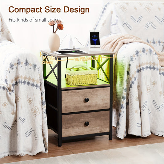 AMHANCIBLE Night Stand 1pc/2pcs, LED Nightstand With Charging Station, End Tables Living Room With Fabric Drawers, Better Storage, Bedside Table For Bedroom
