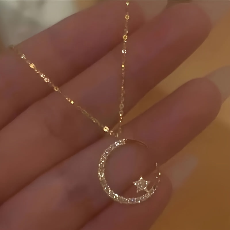 Star Moon Zirconia Pendant Necklace for Women – Sparkling CZ Clavicle Chain, Elegant Dainty Jewellery for Daily Wear, Eid, Birthday & Gift