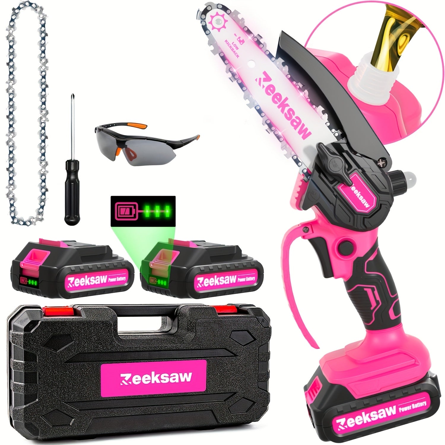 Zeeksaw 6-Inch Cordless Mini Chainsaw with 2 Large Capacity Batteries & Safety Lock – Handheld Electric Chain Saw for Wood Cutting Trimming & Woodworking, Gift for Men, Yellow & Pink