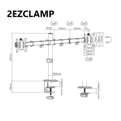 Amer Mounts Dual Monitor Arm Desk Clamp 2EZCLAMPMK – Full Motion Articulating VESA Mount 17"-32", 90° Tilt 180° Swivel 360° Rotation, Cable Management, Home Office Gaming | Canada