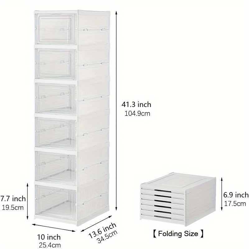 Transparent Stackable Shoe Box Organizer 6-Layer Foldable – Thickened Dustproof Clear Sneaker Storage Cabinet for High-Top Shoes, Shoe Rack Shelf for Closet