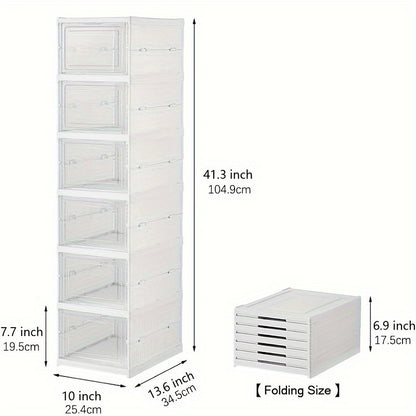 Transparent Stackable Shoe Box Organizer 6-Layer Foldable – Thickened Dustproof Clear Sneaker Storage Cabinet for High-Top Shoes, Shoe Rack Shelf for Closet