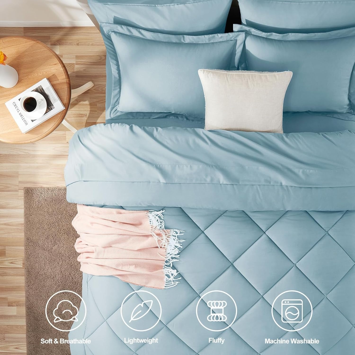 7pcs Comforter Set - Reversible Navy  Bedding, Queen Size Bed Set for All Seasons, Bed In A Bag with Fluffy Polyester Comforter, Sheets, Fitted Sheet, Flat Sheet, Pillowcases And Shams