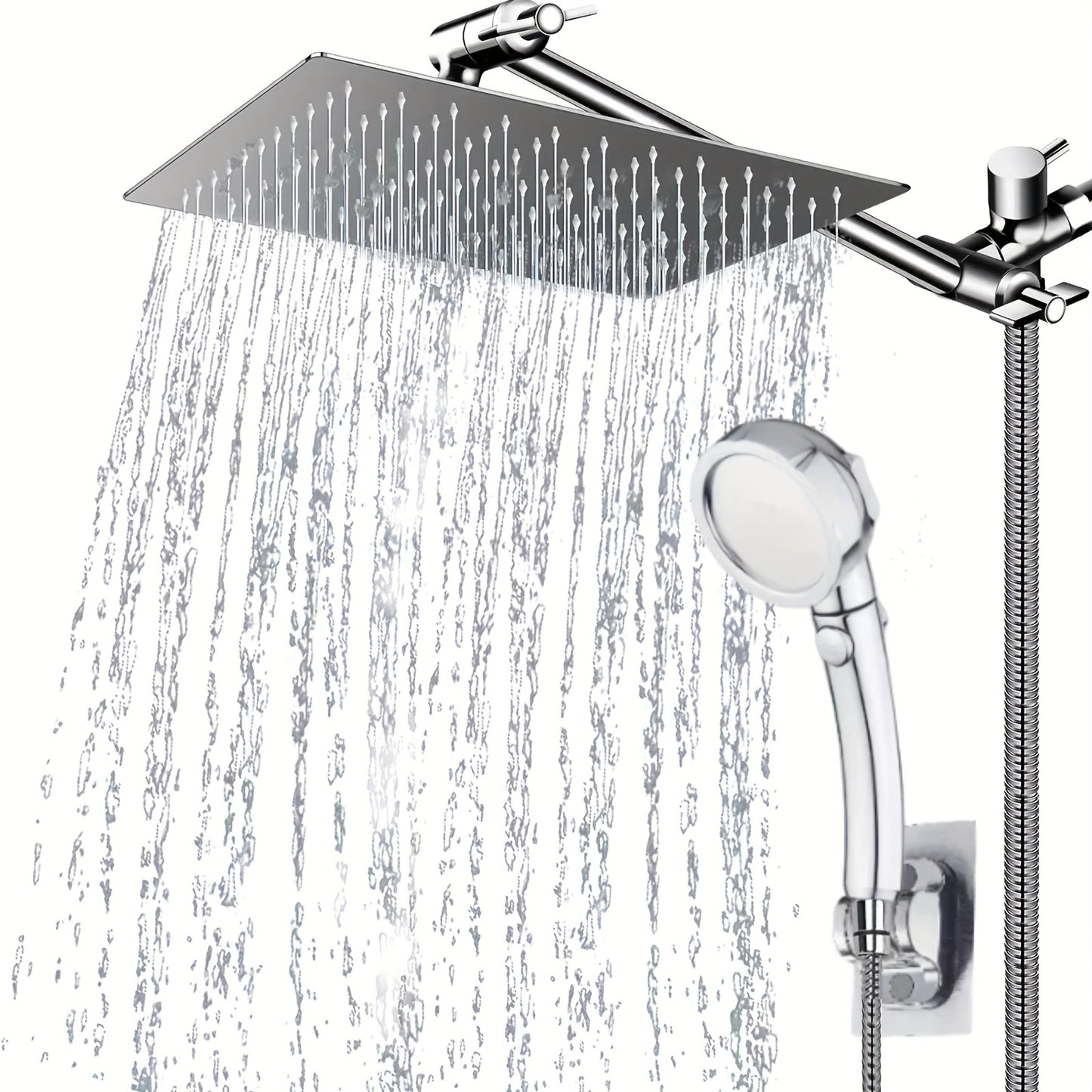 Rain Shower Head Combo Set, 8/10-Inch High-Pressure Rainfall Shower Head with 9-Inch Adjustable Extension Arm, 3-Setting Handheld Showerhead & 59-Inch Hose, Powerful Spray for Low Water Pressure