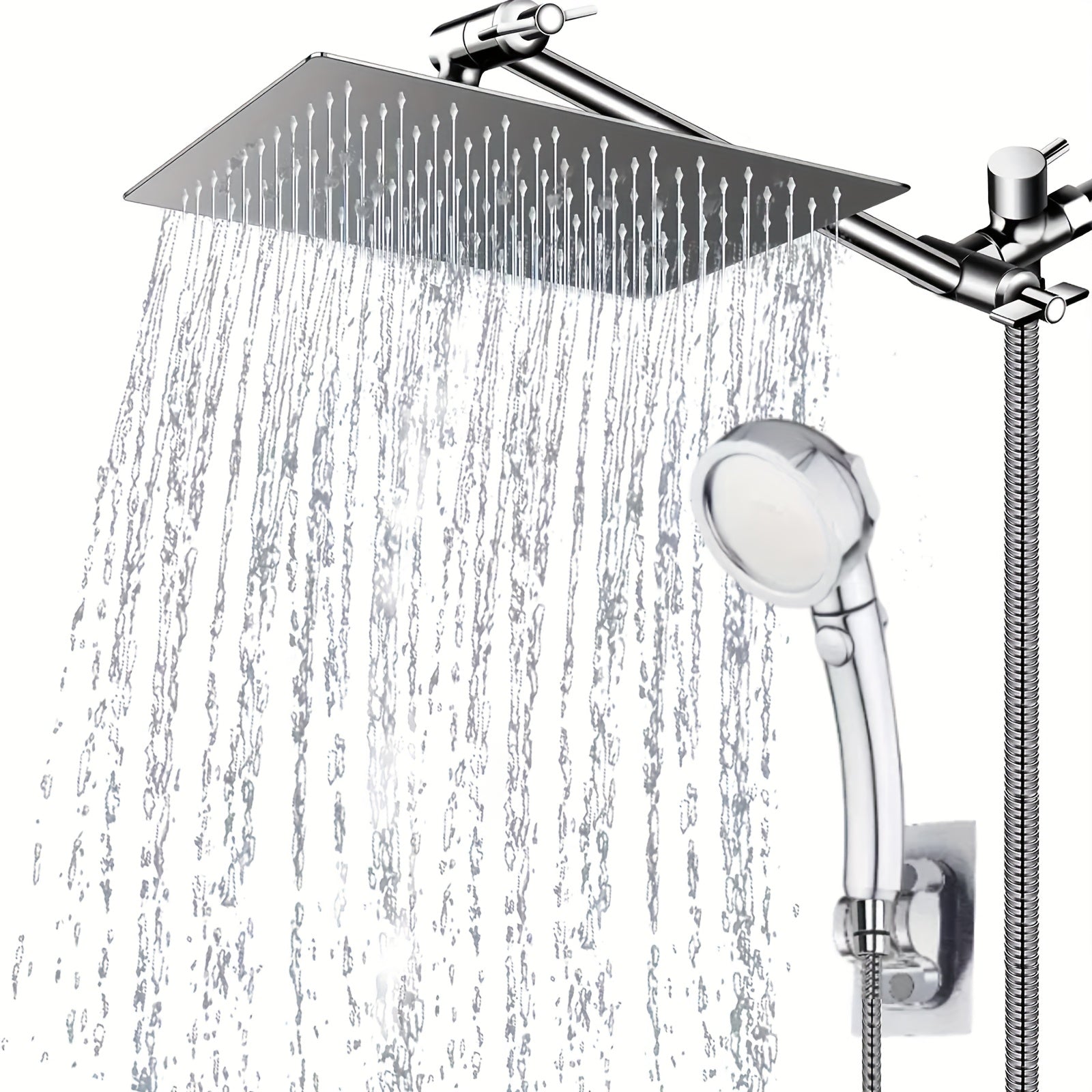 Rain Shower Head Combo Set, 8/10-Inch High-Pressure Rainfall Shower Head with 9-Inch Adjustable Extension Arm, 3-Setting Handheld Showerhead & 59-Inch Hose, Powerful Spray for Low Water Pressure