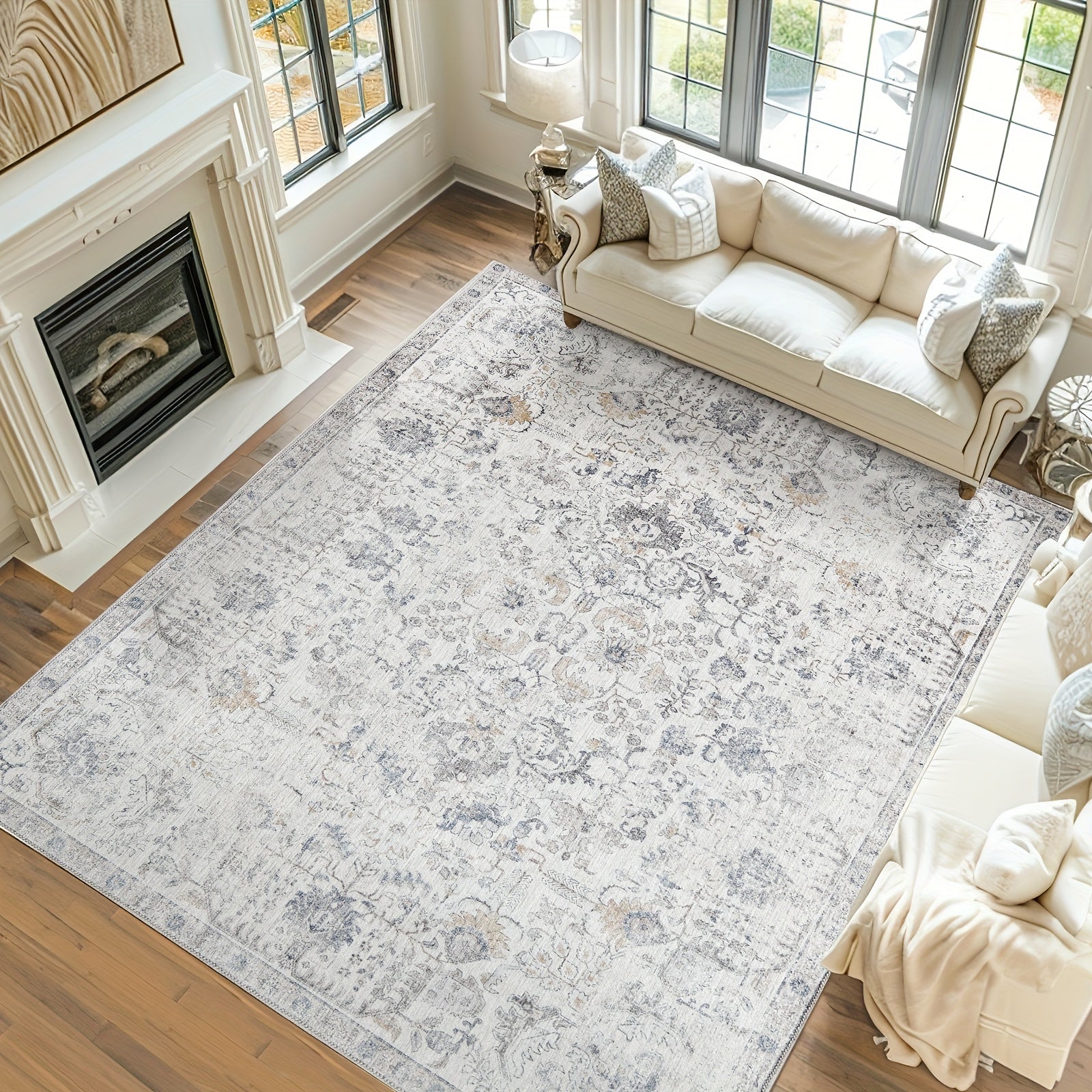 Vintage Boho Distressed Floral Area Rug – Machine Washable, Non-Slip Backing, Stain Resistant – Retro Oversized Accent Carpet for Living Room, Bedroom, Kitchen & Dining Room
