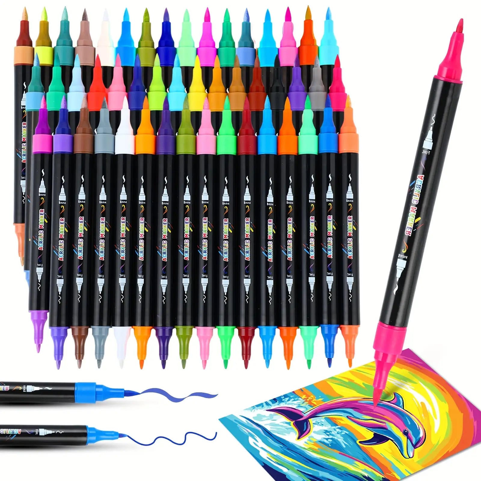 30 Colour Acrylic Paint Markers with Brush & Fine Tip for Adults - Dual Tip Art Pens for Rock Painting, Wood, Stone, Glass, Ceramic Decorating & DIY Crafts, Vibrant Acrylic Ink Paint Pens