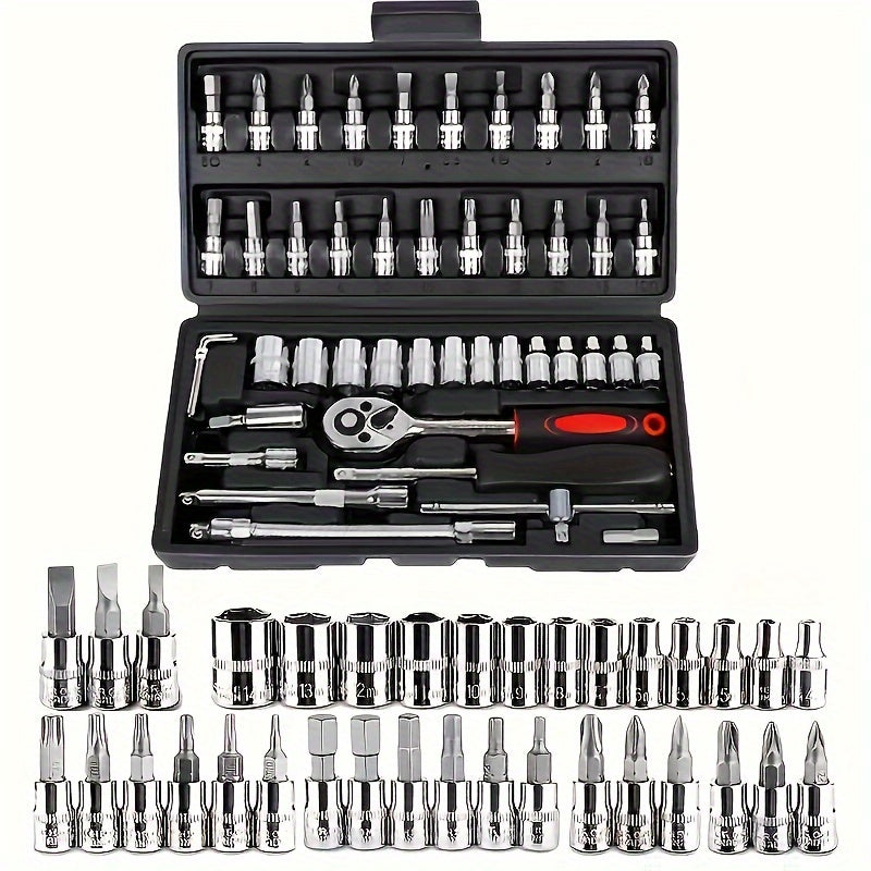 A Mechanical Tool Set Including a Ratchet Handle, Extension Bar, Universal Joint, Slide Bar, SAE and Metric Sockets, Hex Keys, and a Basic Automotive Repair Manual Tool Kit with a Plastic Toolbox. Battery Not Included. Unpowered Manual Tool Set