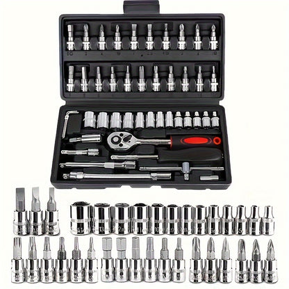 Mechanical Tool Set with Plastic Toolbox – Ratchet Handle, SAE & Metric Sockets, Extension Bar, Universal Joint, Slide Bar & Hex Keys | Manual Automotive Repair Kit | ShopVora CA