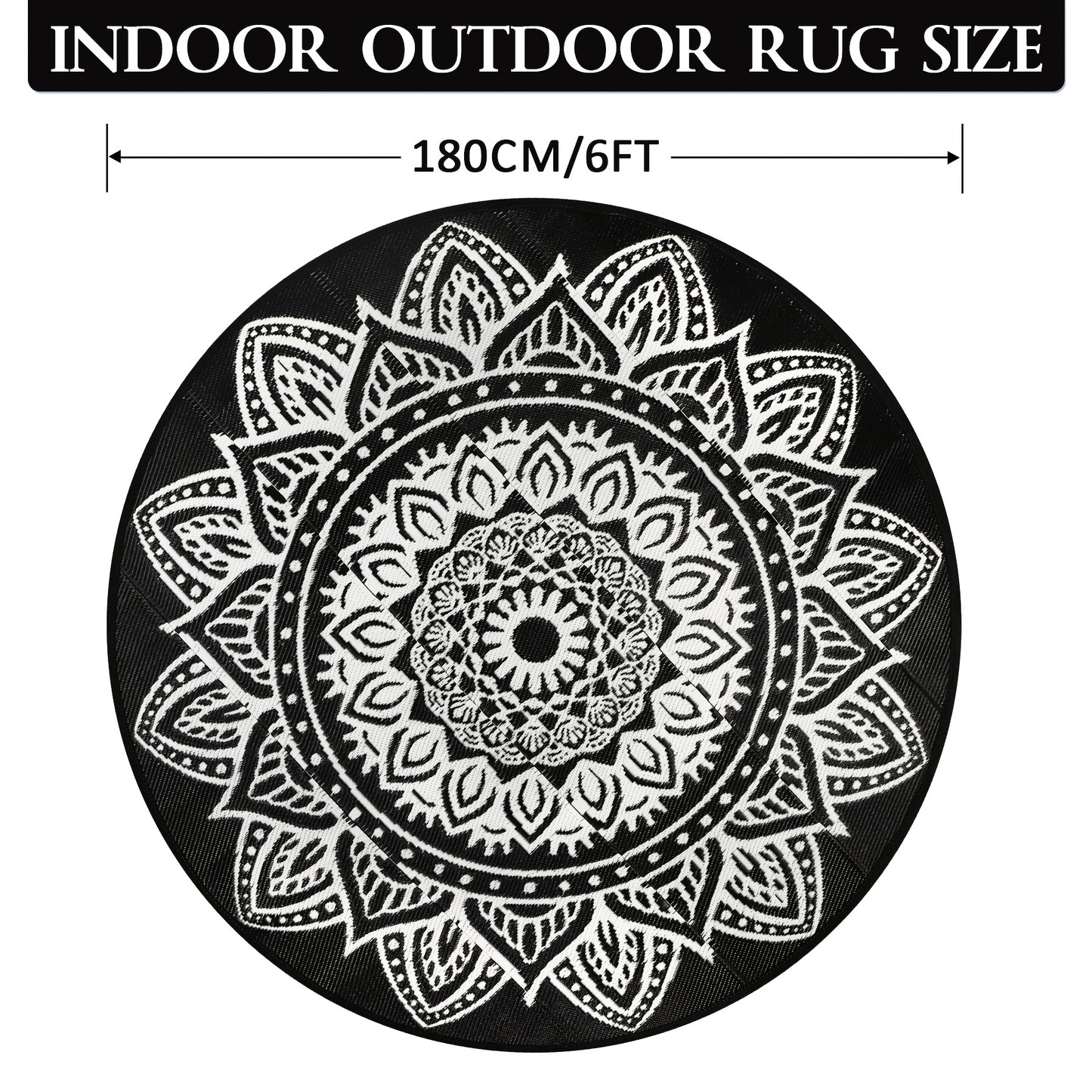 Round Boho Outdoor Rug Reversible Circle Patio Carpet – Lightweight Portable Outdoor Area Rug for Patio, Balcony, Camping & Backyard, Bohemian Style Weatherproof Floor Mat