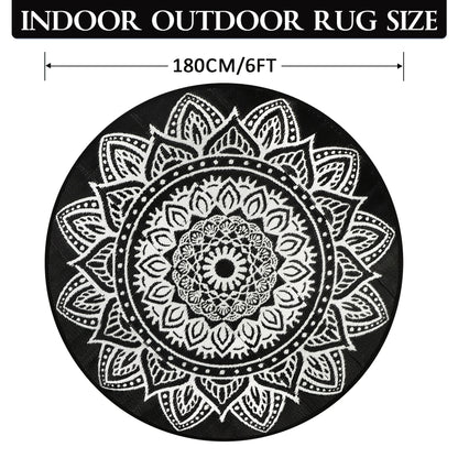 Round Boho Outdoor Rug Reversible Circle Patio Carpet – Lightweight Portable Outdoor Area Rug for Patio, Balcony, Camping & Backyard, Bohemian Style Weatherproof Floor Mat