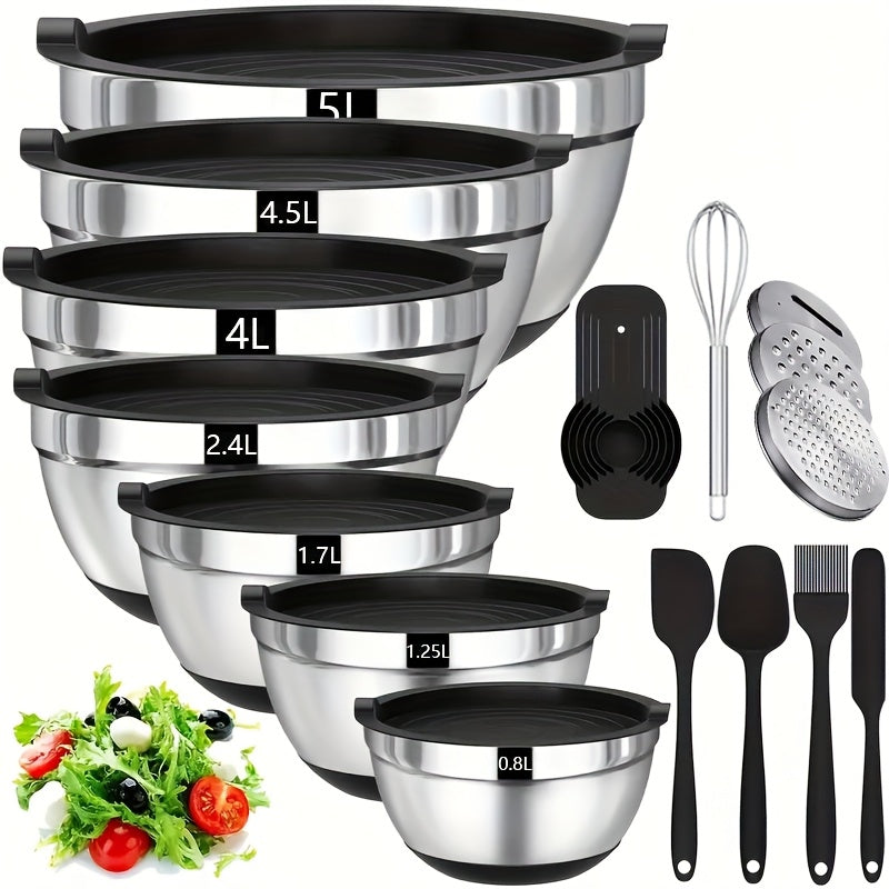 [Stainless Steel Mixing Bowls] 21pcs Stainless Steel Mixing Bowls With Airtight Lids - Non-Slip Colorful Bottom -1.32gal, 1.19gal, 1.06gal, 81.15oz, 57.48oz, 42.27oz, 27.05oz Sizes - Great For Mixing, Baking, Serving