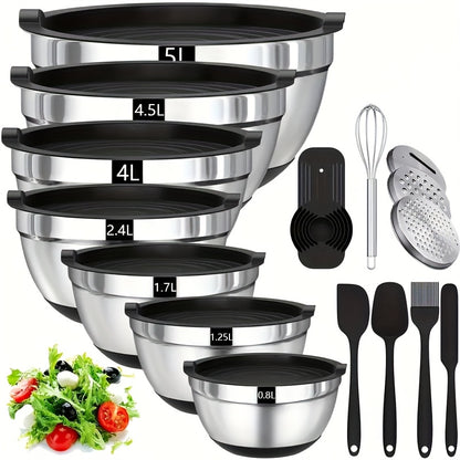Stainless Steel Mixing Bowls Set 21pcs with Airtight Lids & Non-Slip Colorful Base – 7 Sizes for Mixing, Baking & Serving, Nesting Kitchen Bowls for Home Cooks | ShopVora CA