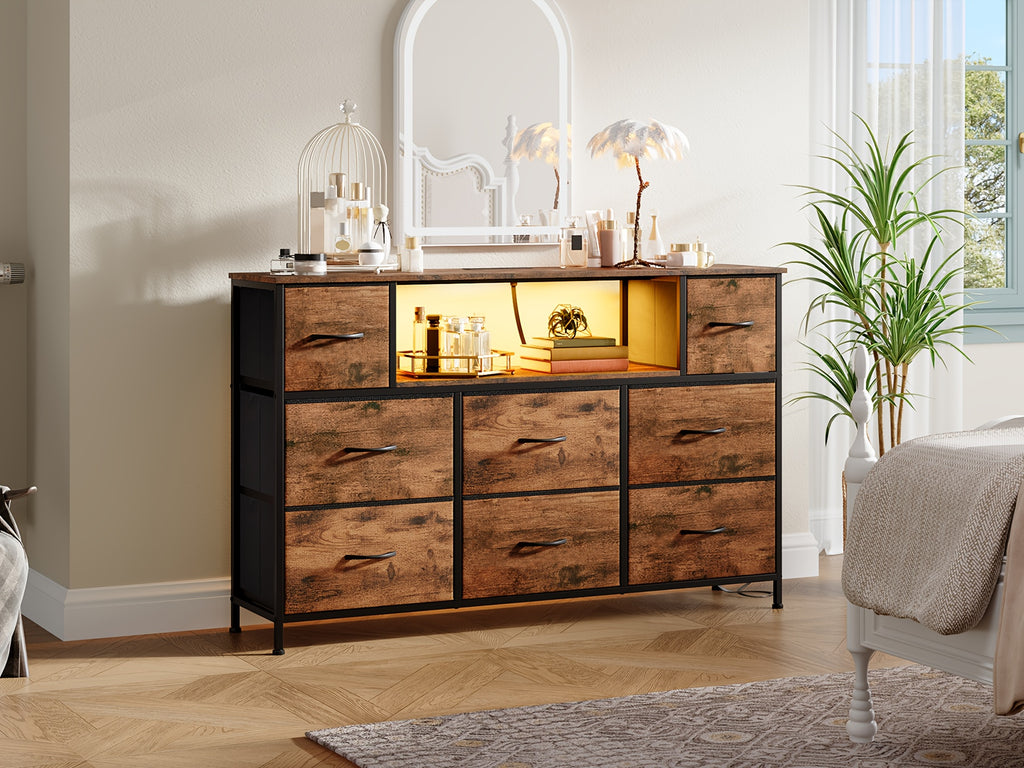 EUNOS Dresser with Power Outlet And LED Lights, 8 Drawer Fabric Dresser for Bedrrom, Chest Of Drawers with Metal Frame, TV Stand with Wood Top for 55inch