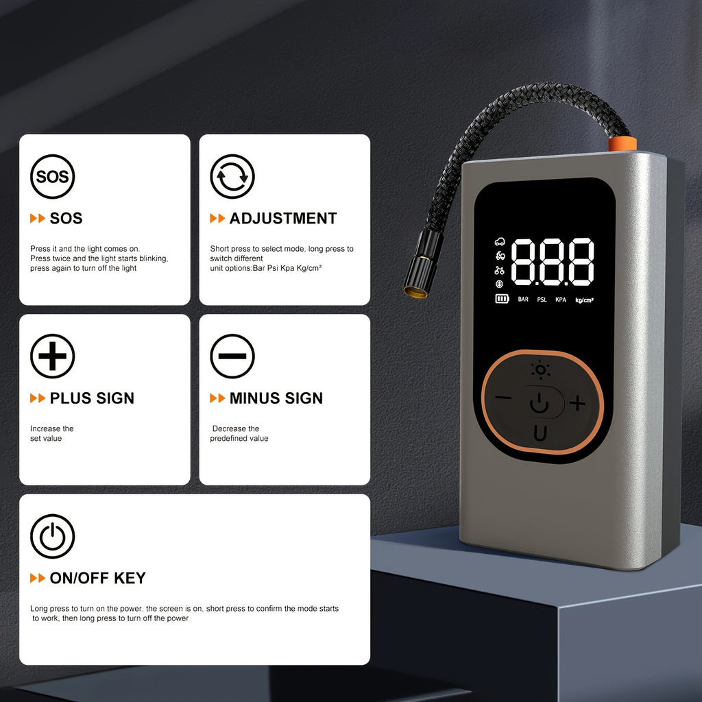 Tire Inflation Pump Portable Air Compressor -150 PSI Automotive Tire Pump with Pressure Gauge And LED Light, Wireless One-Click Intelligent Tire Pump Suitable for Cars, Bicycles, And Motorcycles