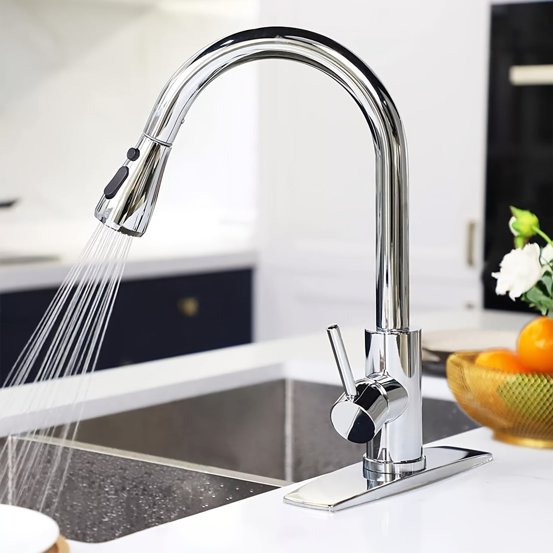 Pull-Down Kitchen Faucet – Single Handle High Arc, Commercial-Grade Stainless Steel, Brushed Nickel Finish, Deck Plate Included, for Kitchen, Bar, Laundry Room & RV