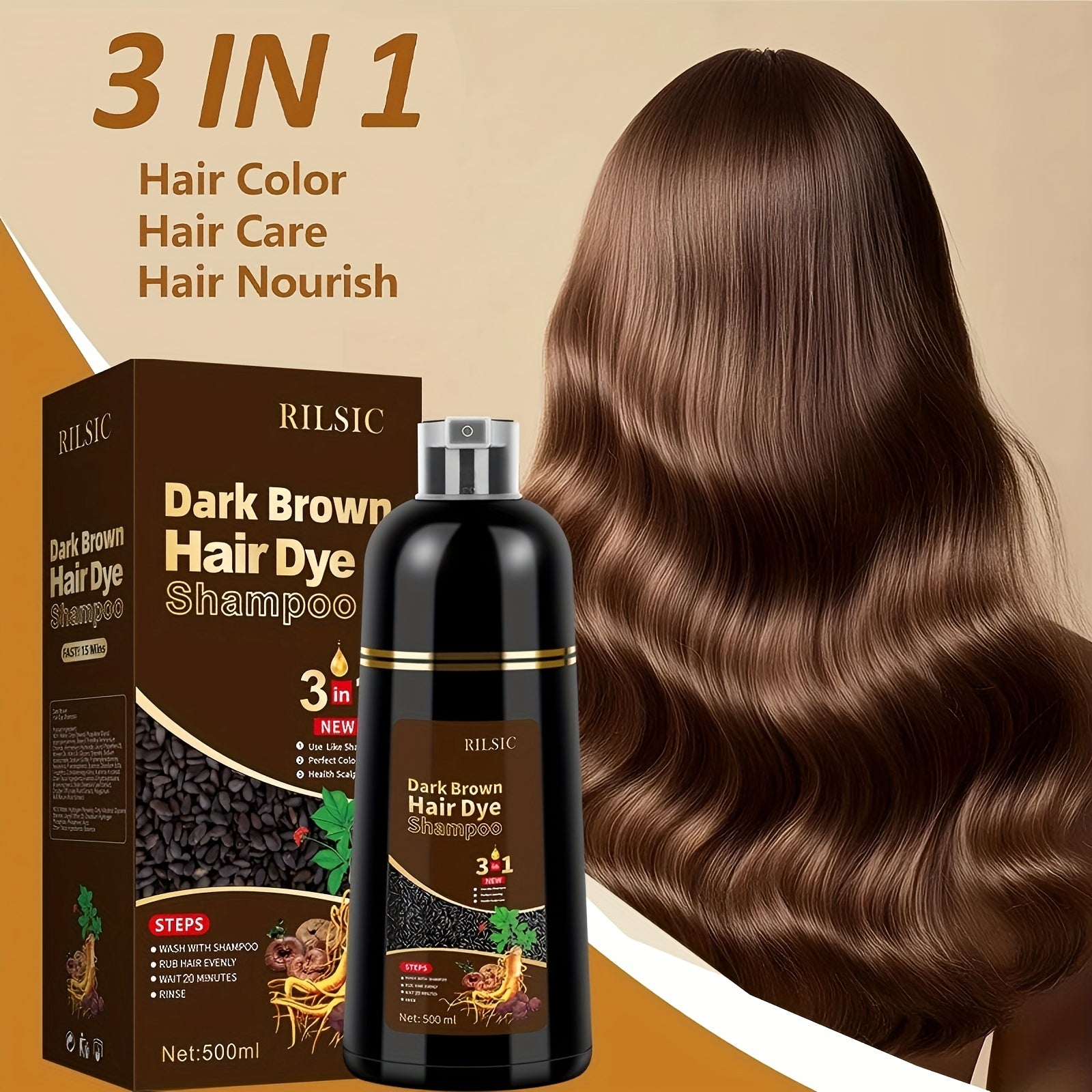 RILSIC 3-in-1 Herbal Hair Dye Colour Shampoo – Instant Natural Hair Colouring in Minutes for Women & Men | 16.91oz Halloween & Everyday Gift