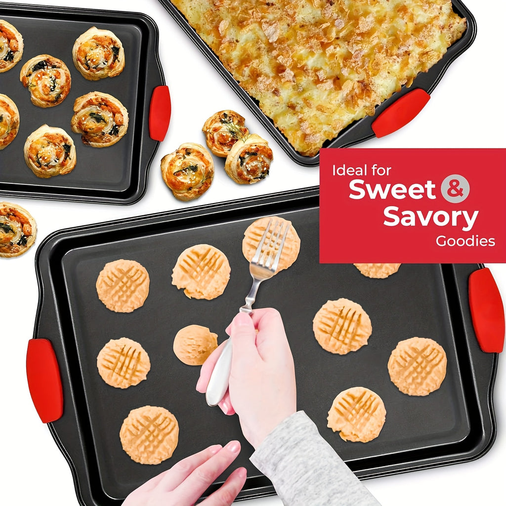 Non-Stick Baking Pan with Red Silicone Handle, Kitchen Baking Tray, Heat-Resistant And Non-Stick, Household Baking Pan, Cake Mold, Oven Cookie Baking, Rectangular Cookie Tray, Easy to Clean, Suitable For, Cakes, And Bread