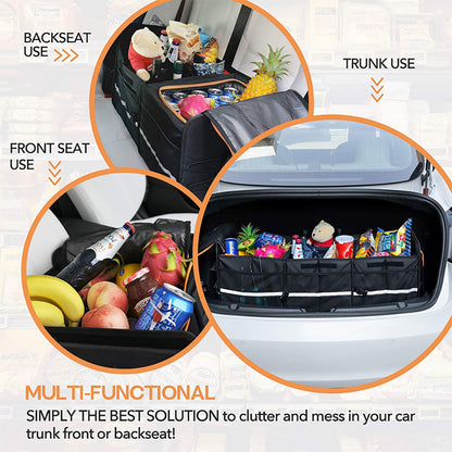 Car Trunk Organizer with Lid – Collapsible 105L Cargo Storage Box, 3 Compartments, Built-in Cooler Bag, Non-Slip, Adjustable Dividers – SUV Van Truck Car Accessories Canada