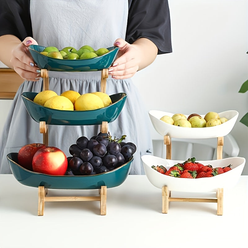 Wooden Fruit Stand 2 & 3-Tier – Art Deco Style Multi-Purpose Snack Tray, Candy & Fruit Display Pedestal for Living Room & Kitchen | Elegant Home Decor Organizer | White & Green | ShopVora CA