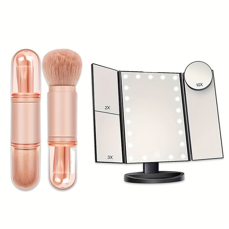LED Makeup Mirror with Light & 4-in-1 Brush Set – 2X 3X 10X Magnification, Touch Sensitive Triple Fold Illuminated Mirror, Dual Power Supply, Portable – Perfect Gift for Women